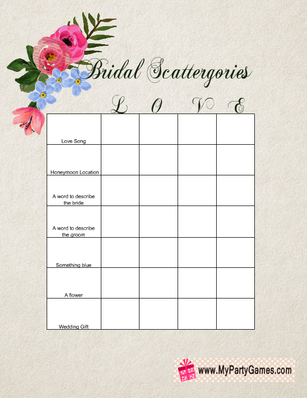 Bridal Shower Scattergories Free Printable Game