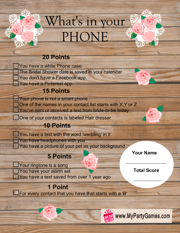 What s In Your Phone Bridal Shower Game