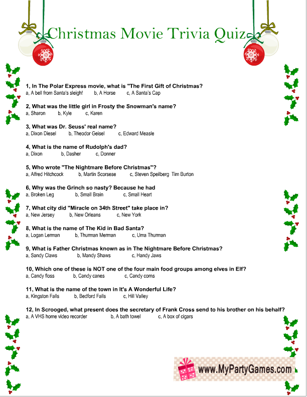 Free Christmas Trivia Sheets