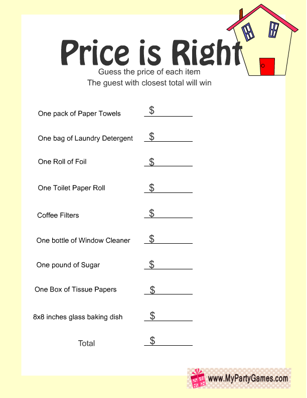 Price Is Right Free Printable Housewarming Game