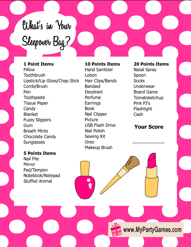 Free Printable What s In Your Sleepover Bag Slumber Party Game For Girls