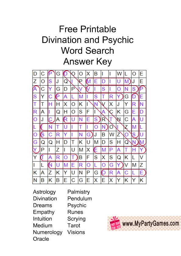 free printable divination and psychic word search puzzle