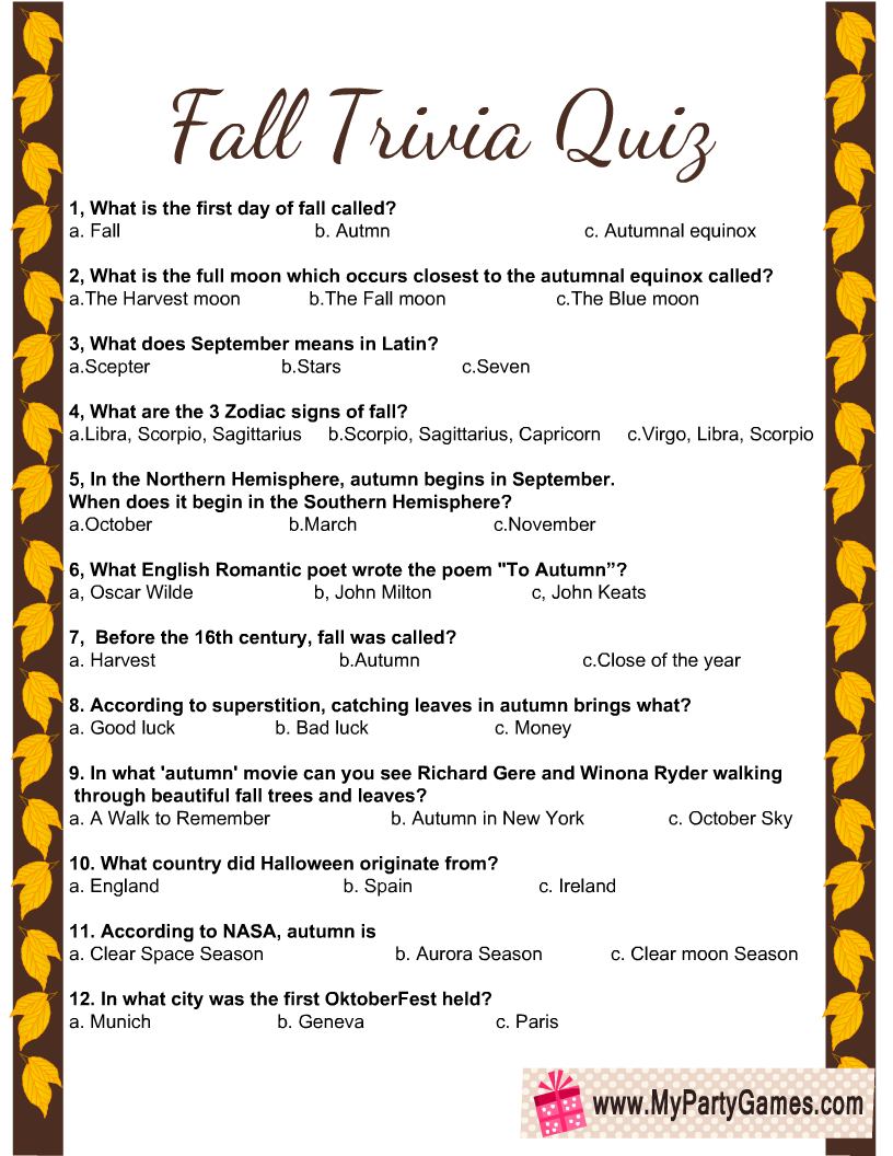 Free Printable Fall Trivia Quiz My Party Games