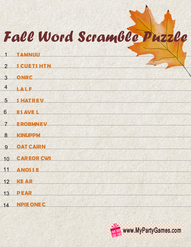 Free Printable Fall Word Scramble Puzzle