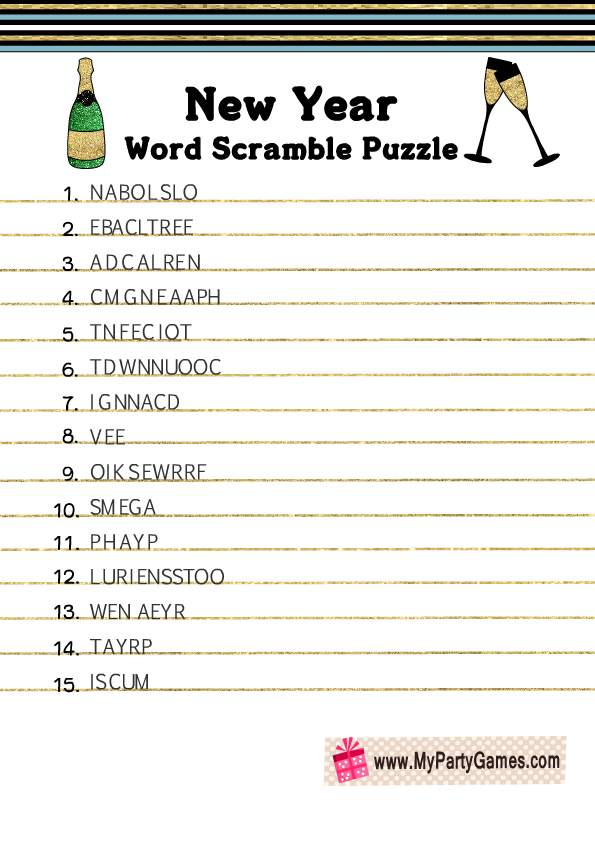 Free Printable New Year Word Scramble Puzzle