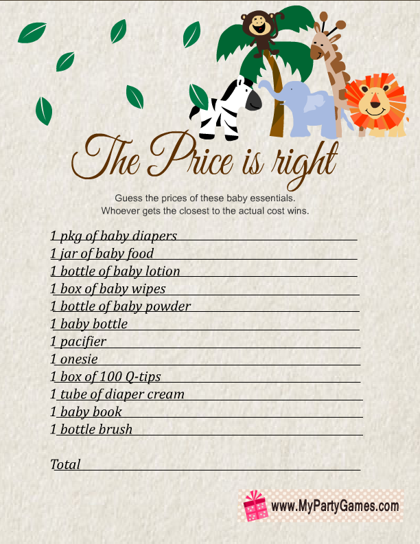 Free Printable Price is Right Game for Safari Baby Shower