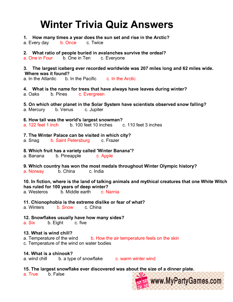 Free Printable Winter Trivia Quiz With Answers