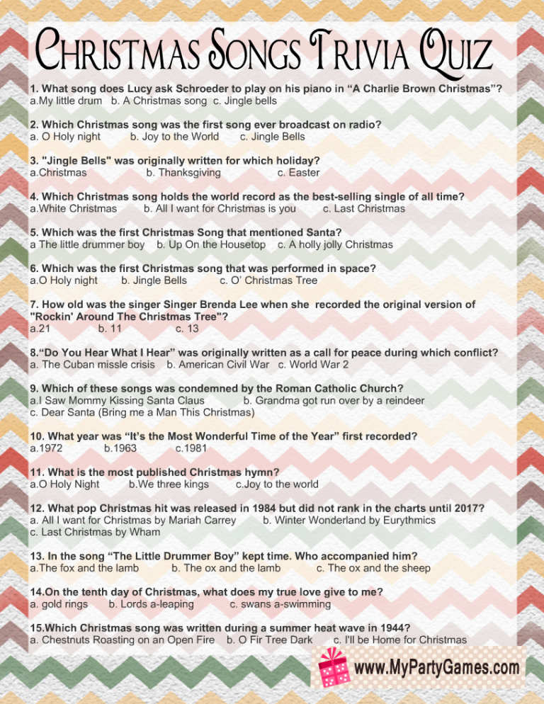 Free Printable Christmas Songs Trivia Quiz