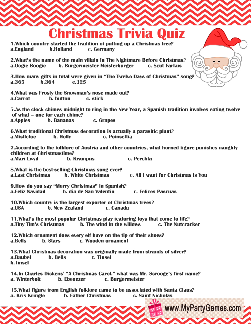 Free Printable Christmas Trivia Games For Adults With Answers ...