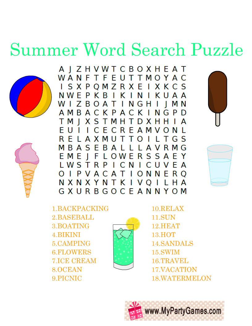 Free Printable Summer Word Search Puzzle With Key