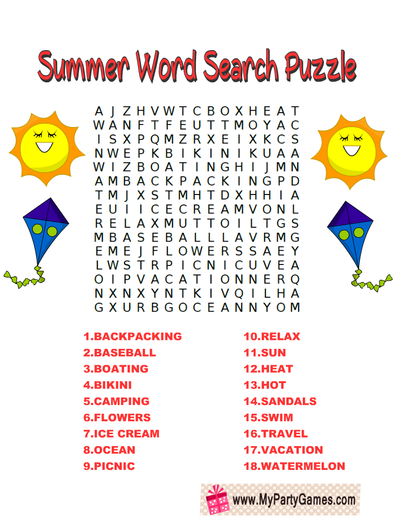 Free Printable Of Summer Word Search