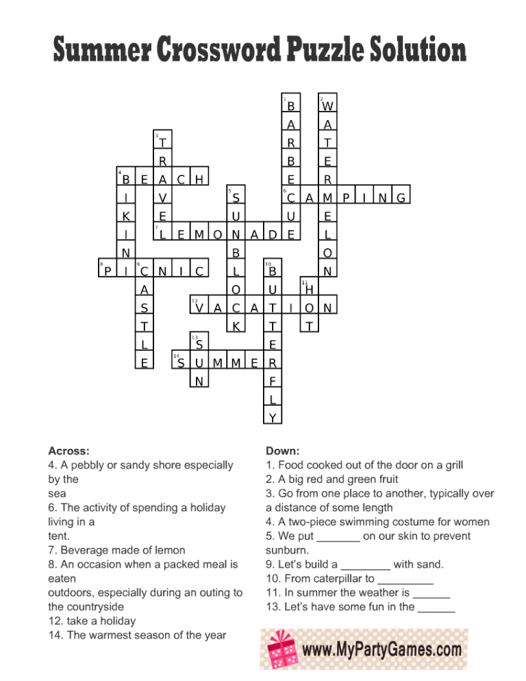 Summer Crossword Puzzle Free Printable