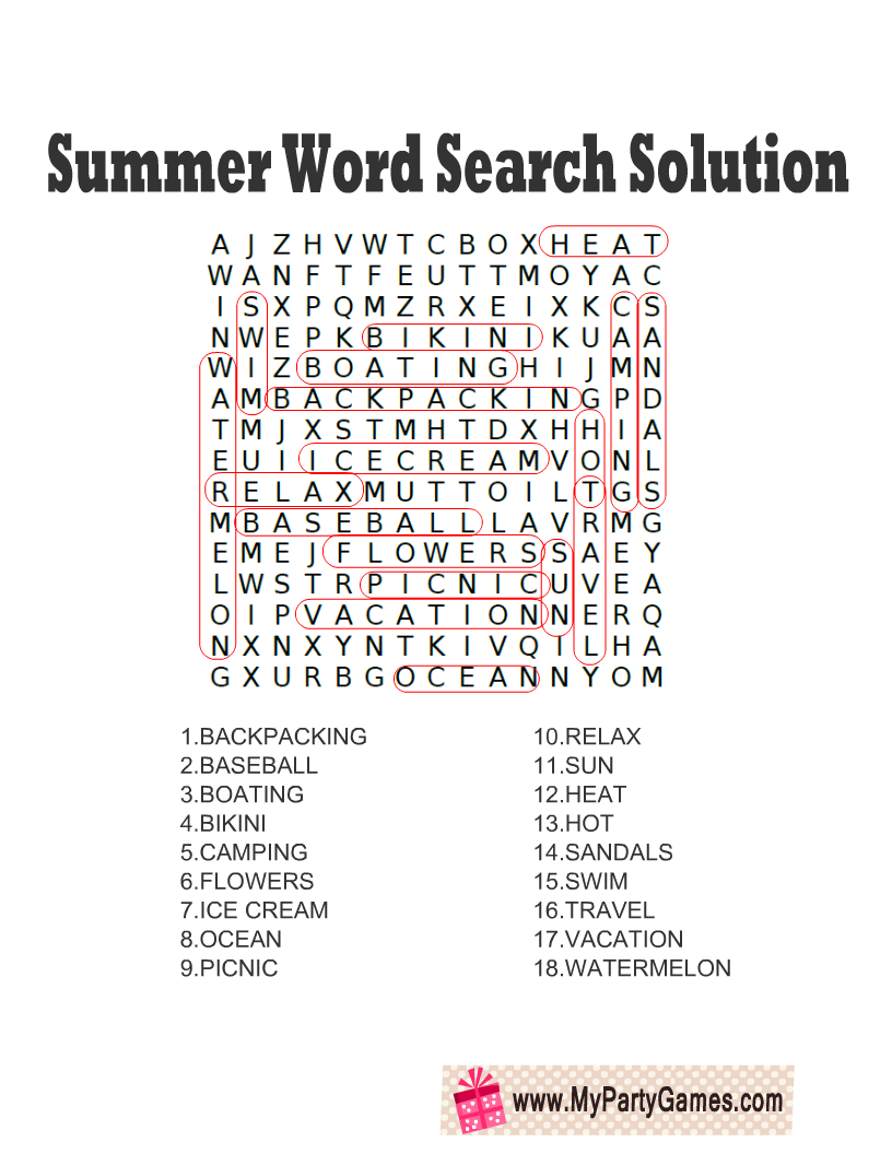 Free Printable Summer Word Search Puzzle With Key