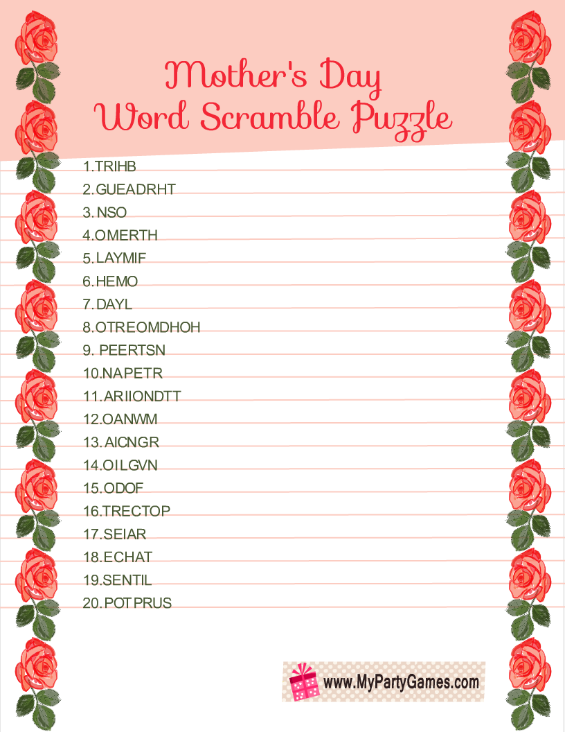 Free Printable Word Scramble Puzzle For Mother s Day