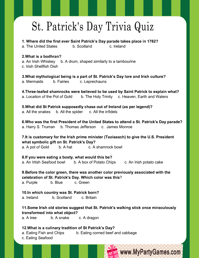 Free Printable St Patrick s Day Trivia Quiz