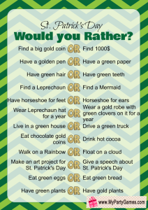 Free Printable Would You Rather Game for St. Patrick’s Day