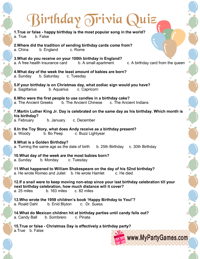 Questions Free Printable Birthday Trivia Games