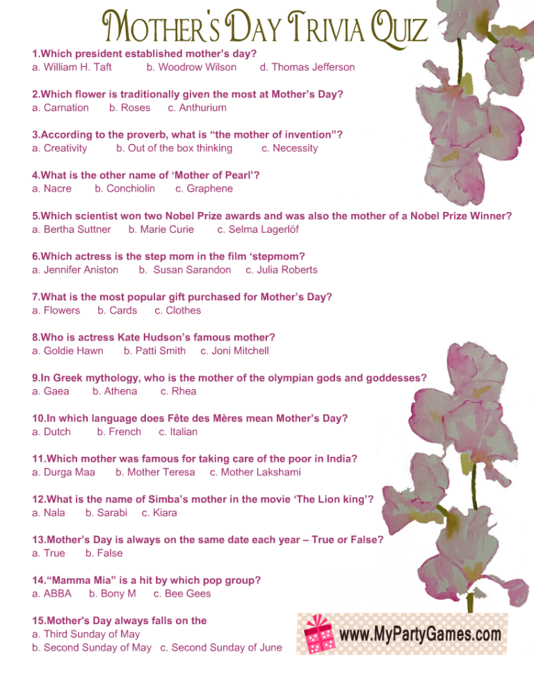 Free Printable Mother s Day Trivia Quiz With Answer Key