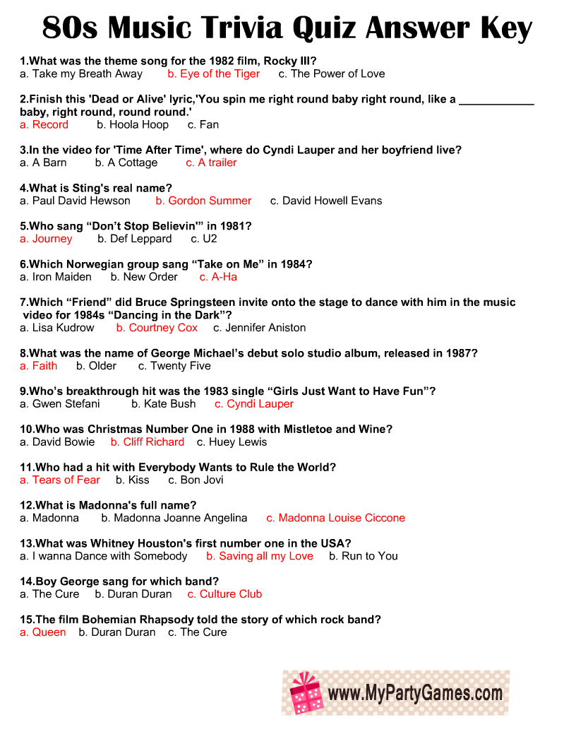 Printable 80s' Music Trivia Quiz with Answer Key