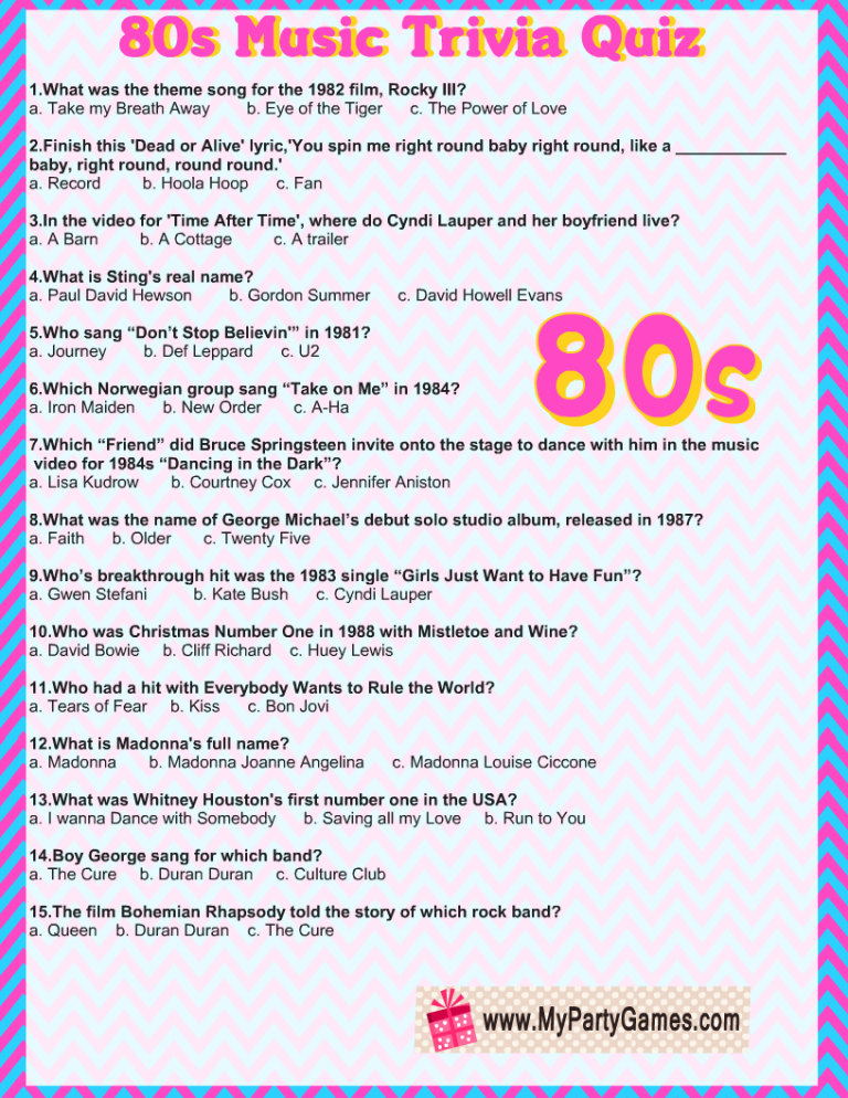 Free Printable 80s Music Trivia Quiz With Answer Key