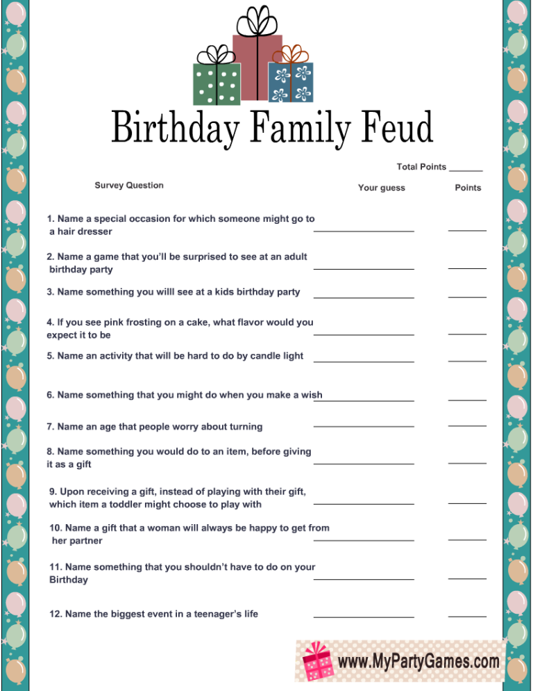 Free Printable Birthday Family Feud Game and Survey Key