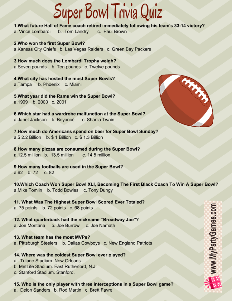 Free Printable Football Super Bowl Trivia Quiz