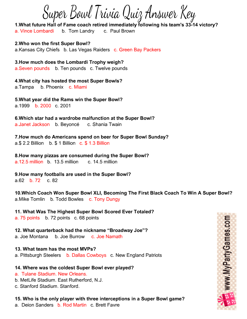Free Printable Super Bowl Trivia Questions And Answers Printable