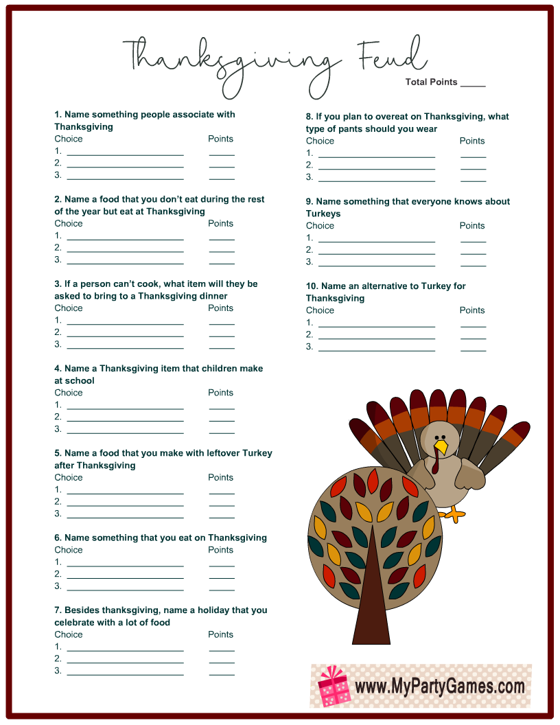 Free Printable Thanksgiving Family Feud Game