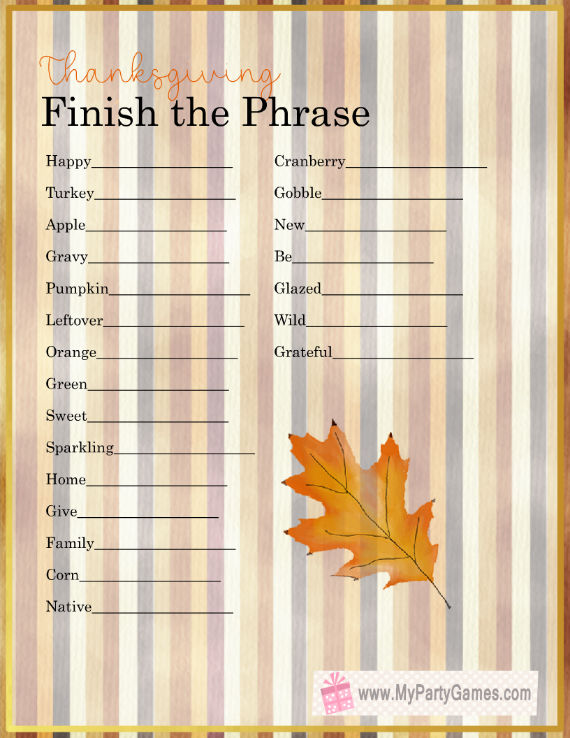 Free Printable Thanksgiving Finish The Phrase Game