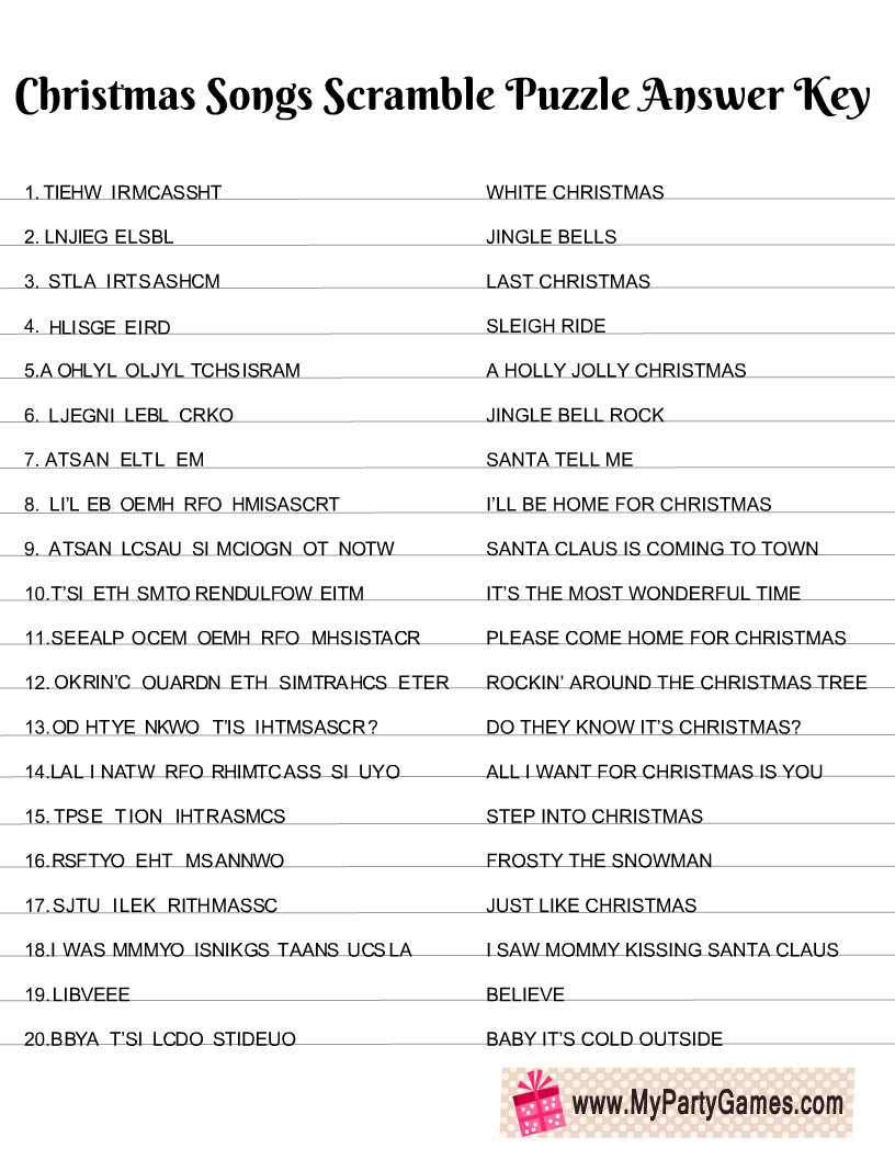 Free Printable Christmas Songs Scramble Puzzle