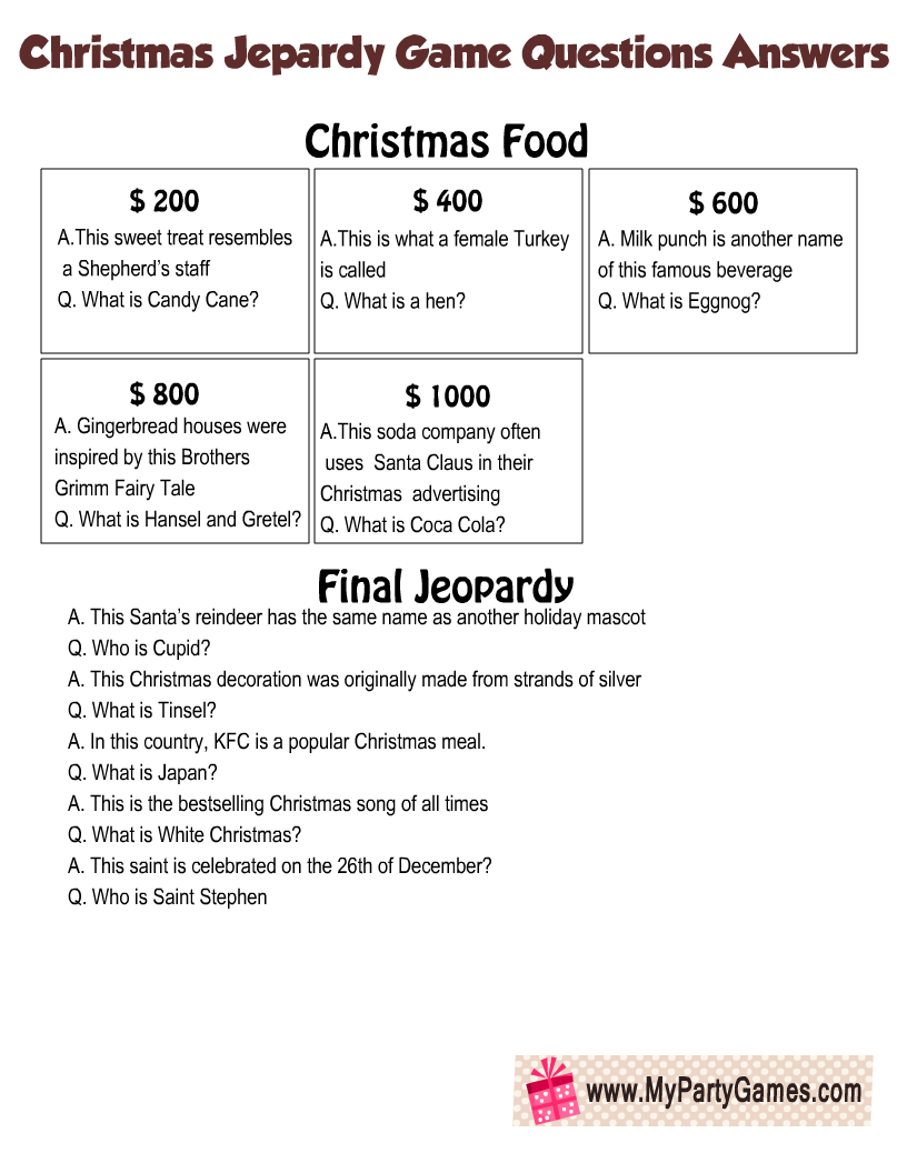 Free Printable Christmas Jeopardy Game Board And Question Cards