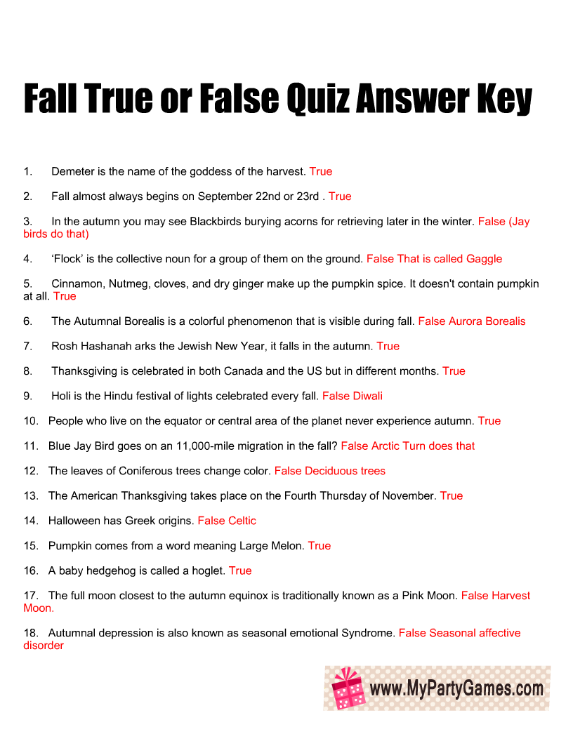 Free Printable Fall True Or False Trivia Quiz