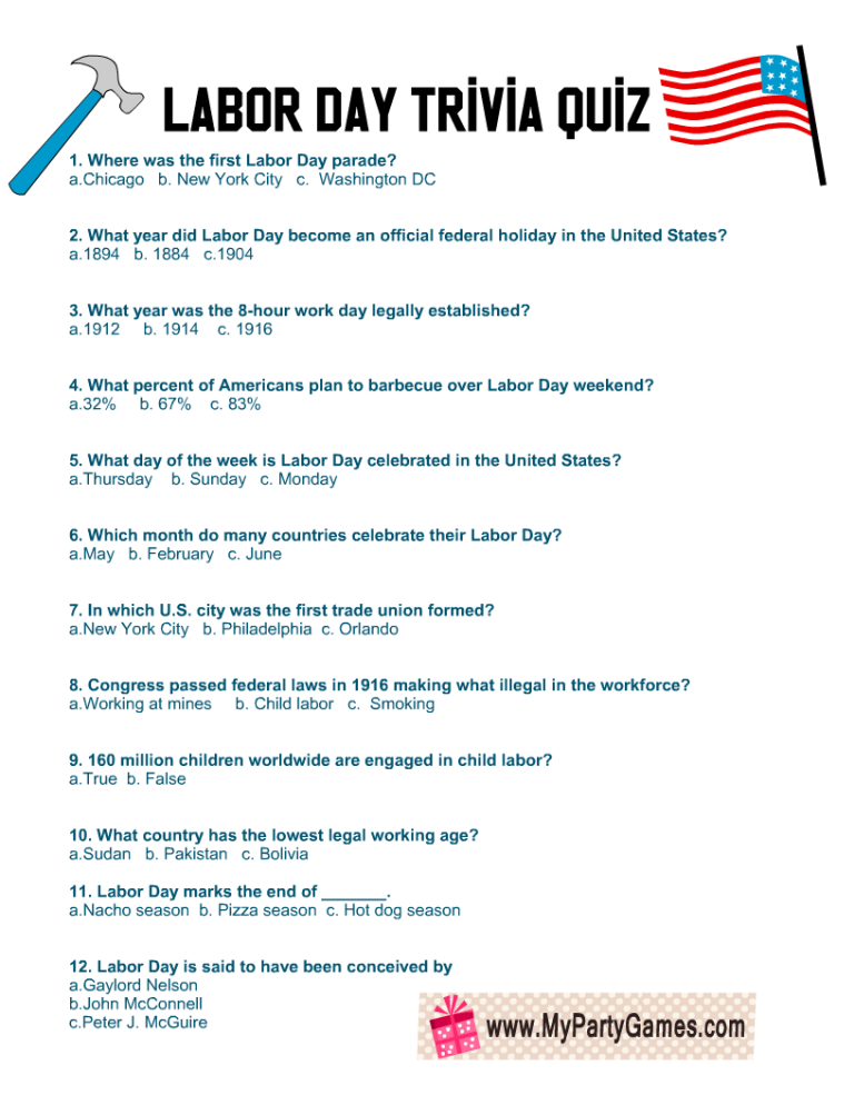 Free Printable Labor Day Trivia Quiz With Answer Key