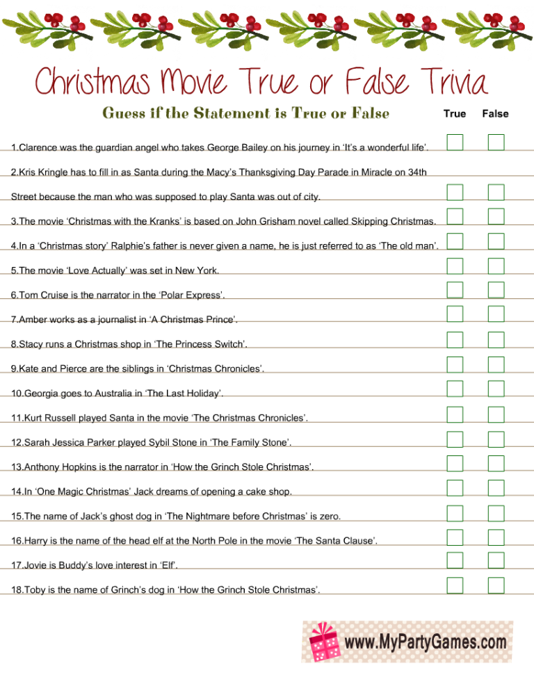 Free Printable Christmas Movie True Or False Trivia Quiz