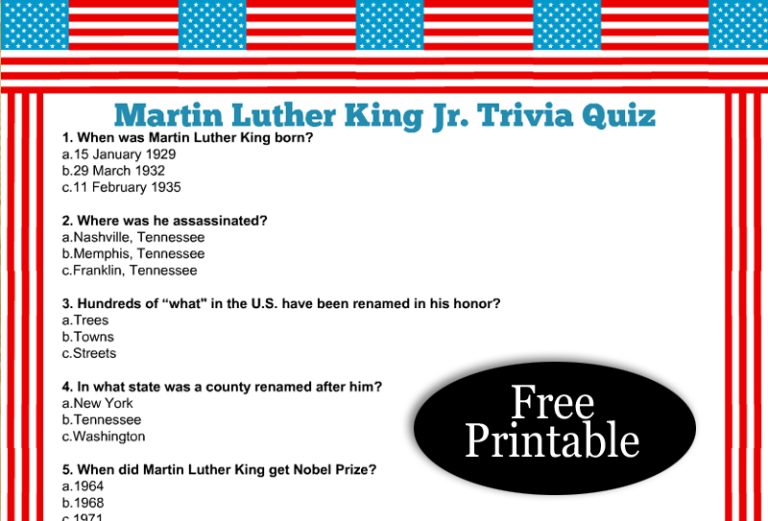 Free Printable Martin Luther King Jr Trivia Quiz With Answer Key