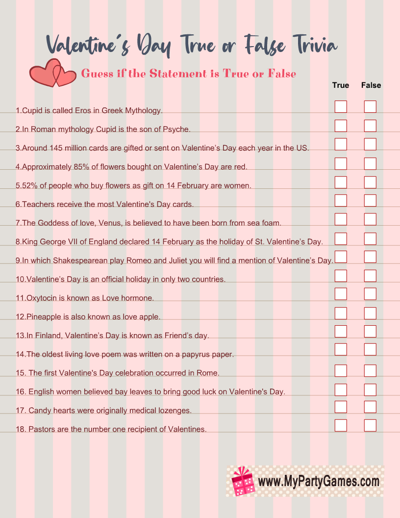 Free Printable Valentine s Day True Or False Trivia Quiz