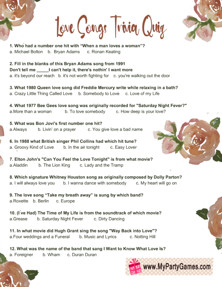Free Printable Love Songs Trivia Quiz with Answer Key