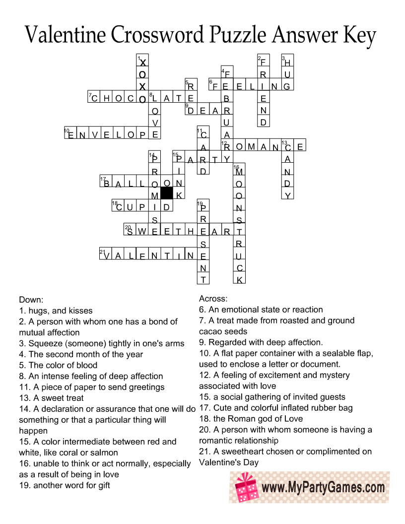 Free Printable Valentine s Day Crossword Puzzle With Answer Key