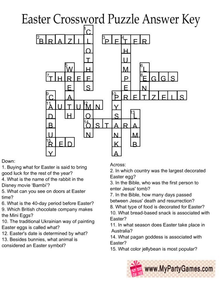 Free Printable Easter Crossword Puzzle With Key
