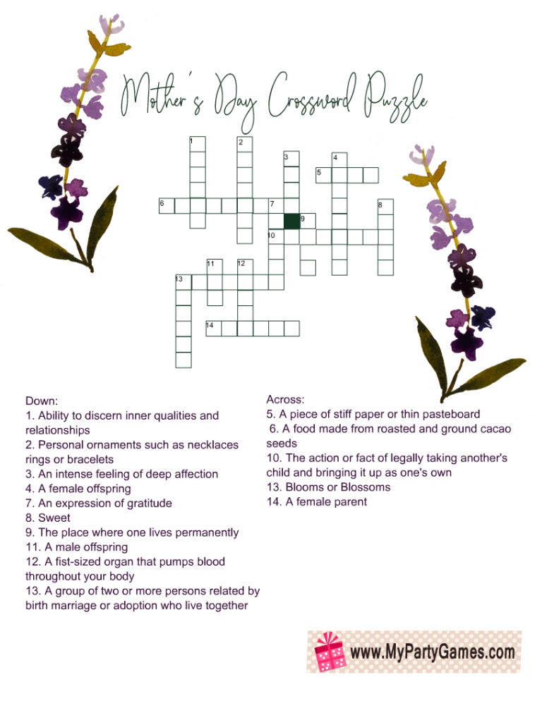 Free Printable Mother S Day Crossword Puzzle With Solution Key