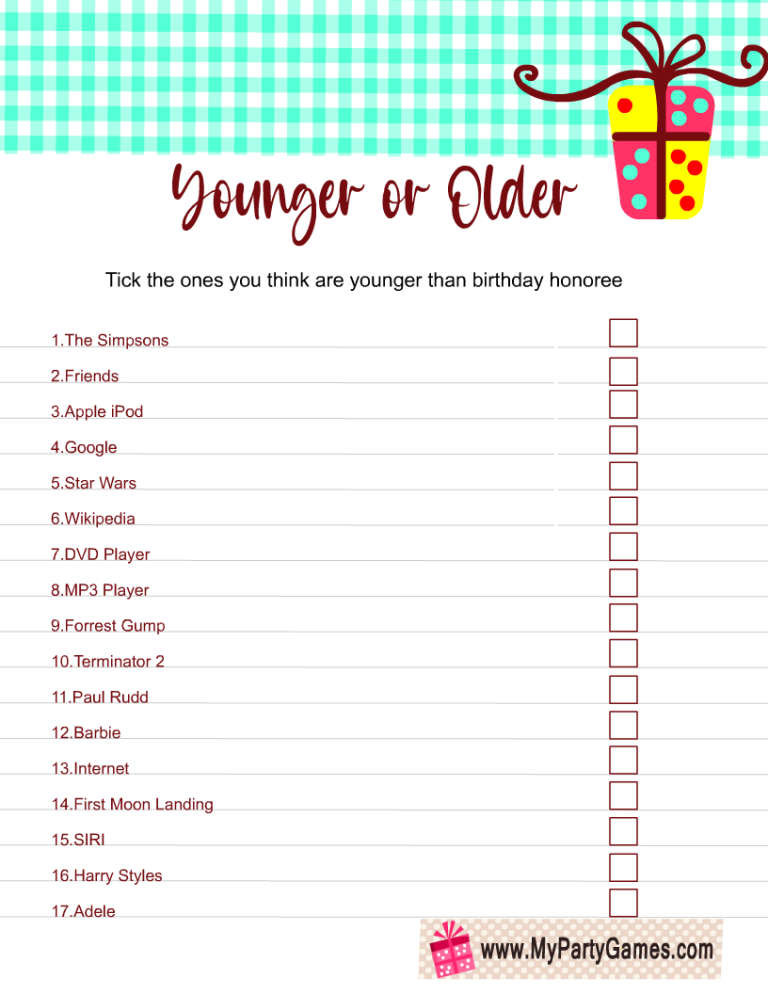 Younger Or Older Free Printable Birthday Game