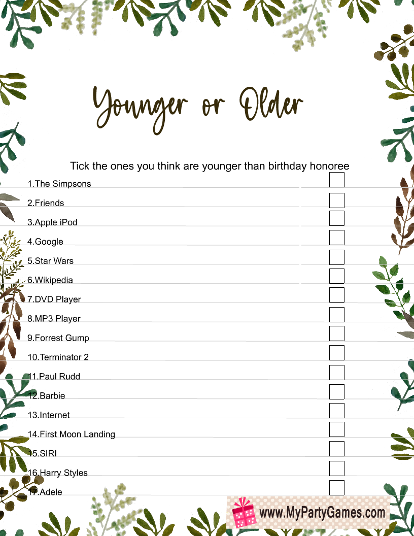 Younger Or Older Free Printable Birthday Game