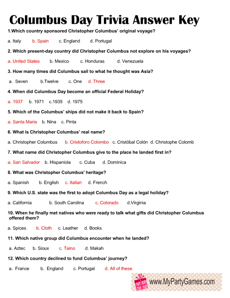 Free Printable Columbus Day Trivia Quiz with Answer Key