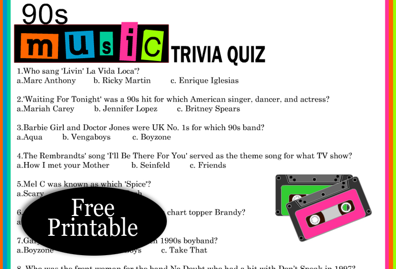 Free Printable 90s Music Trivia Quiz with Answer Key