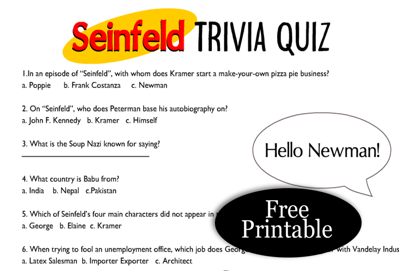 Seinfeld TV Show Trivia Quiz Printable with Answer Key