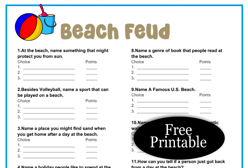 Free Printable Beach Feud Game with Survey Says Key