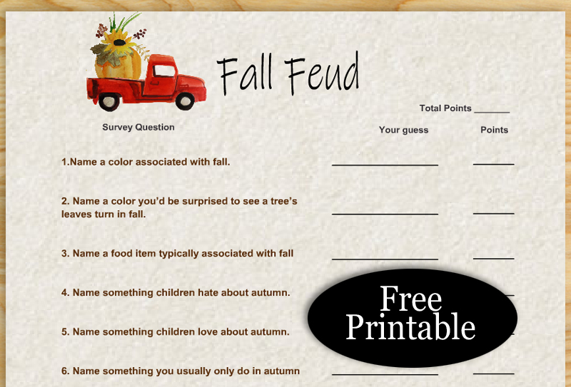 Free Printable Fall Feud Game with Survey Says Key