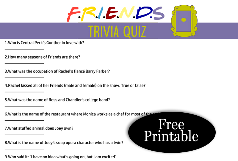 Free Printable Friends TV Show Trivia Quiz with Key