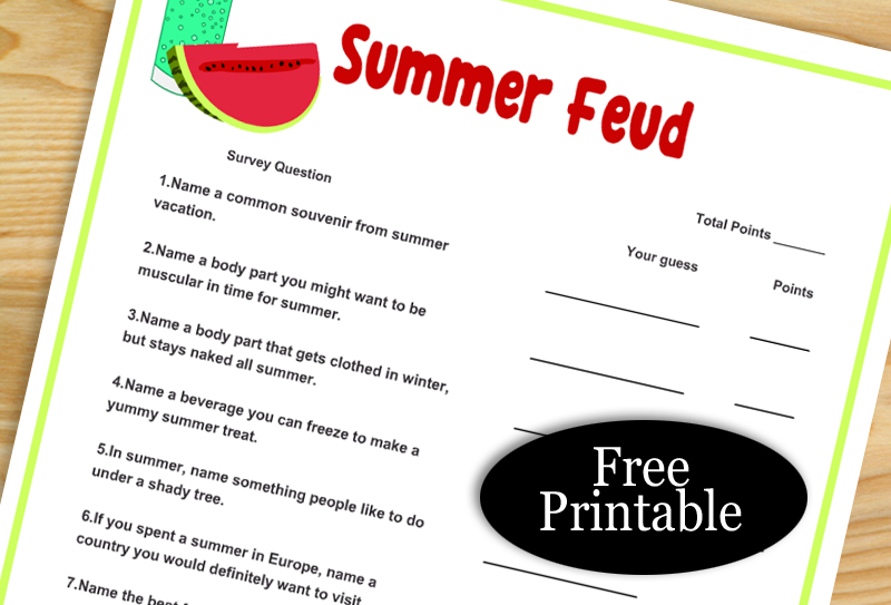 Free Printable Summer Feud Game with Survery Says Key