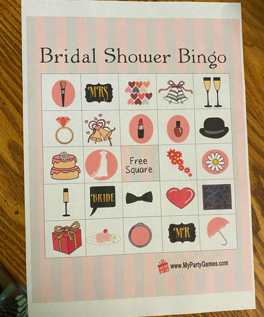 Bridal Shower Picture Bingo Printed sheet